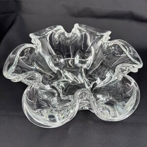 Murano Clear Art Glass Hand Blown Bowl Decorative Candy Dish Ruffled‎ Edge Heavy